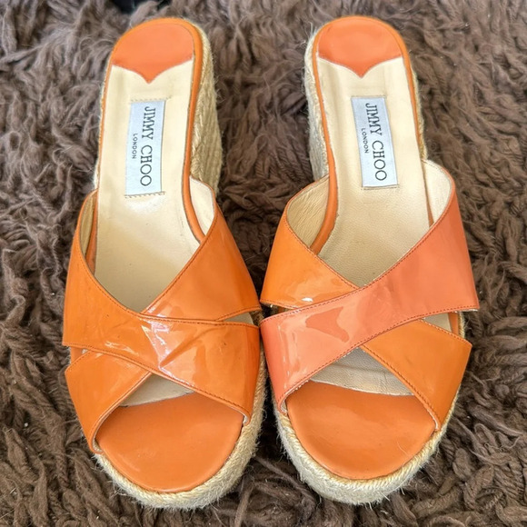 Jimmy Choo Orange Patent Leather Phyllis Platform Wedge Size 41 - Picture 1 of 9